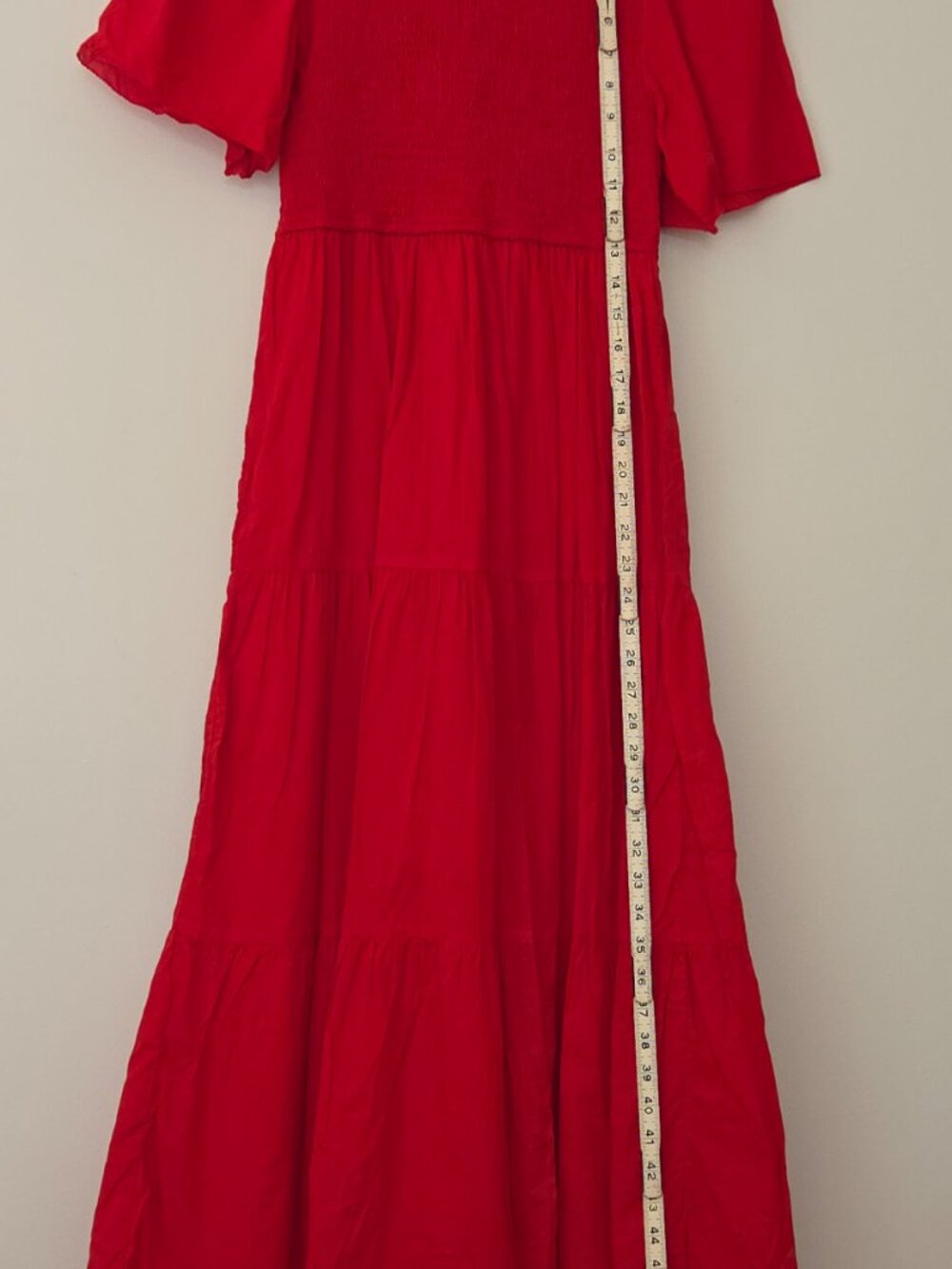 Monoprix Red Smocked Midi Dress NWOT lined - Picture 4 of 11